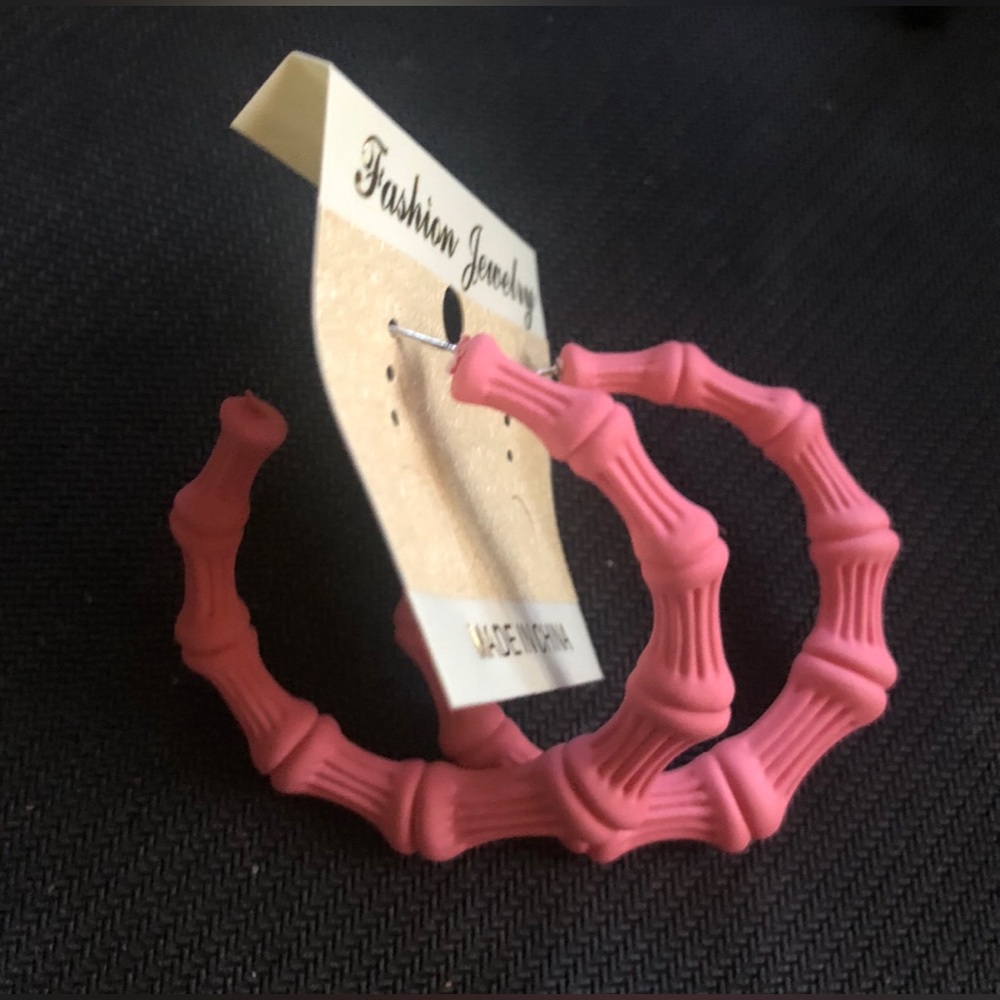 Fashion Jewelry Matte Pink Bamboo-Style Hoop Earrings